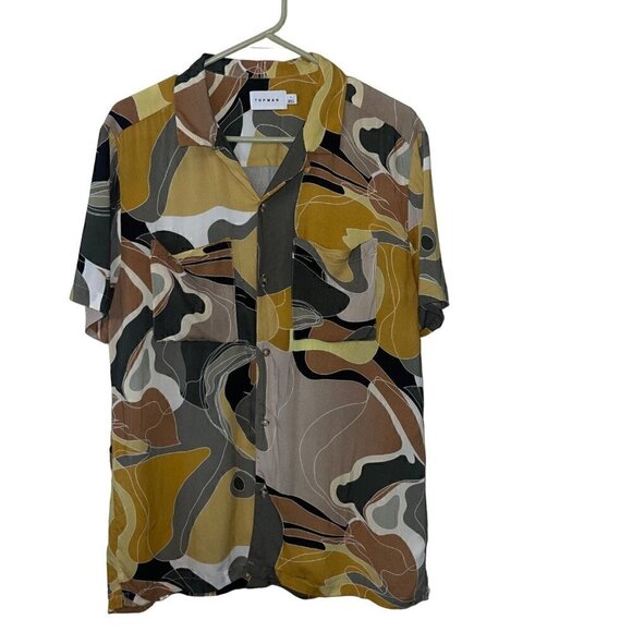 Topman Khaki Marble Abstract Print Short Sleeve Button Down 100% Viscose Shirt L - Picture 1 of 10
